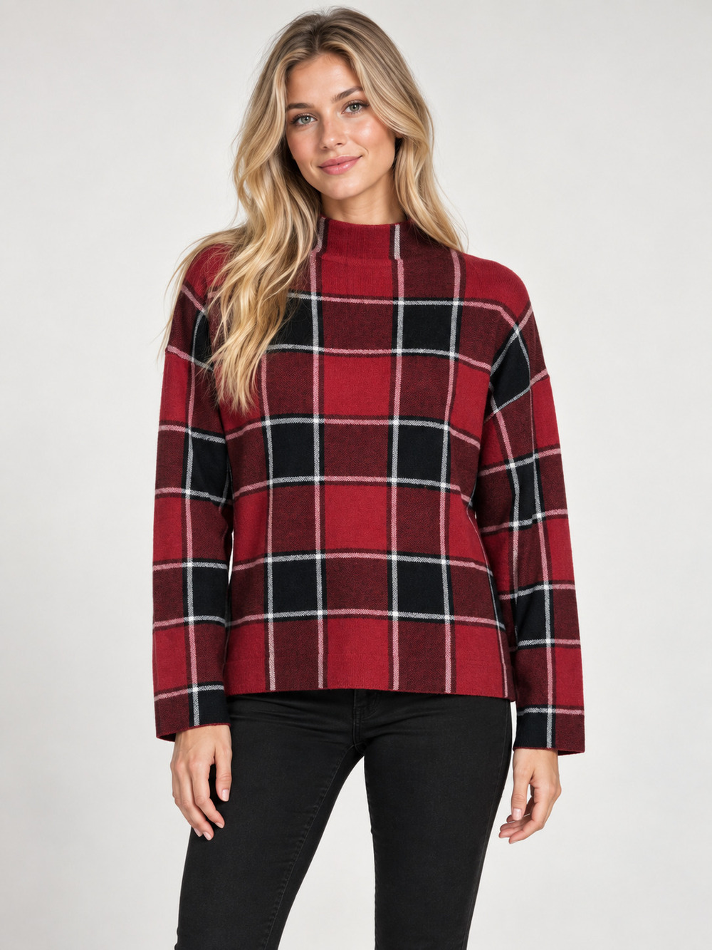 2/$30 Tahari Red Black White Windowpane Sweater L #A6072